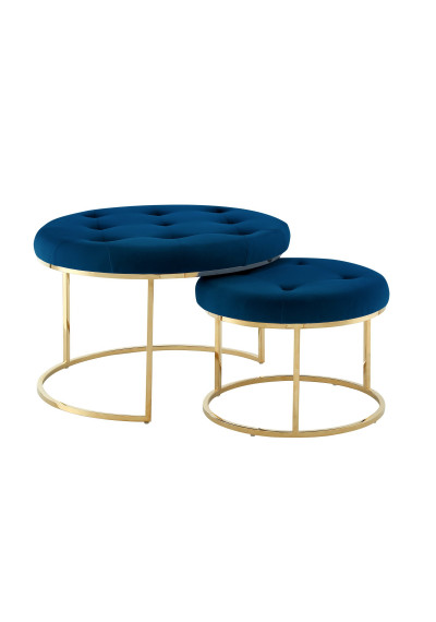 Blue Velvet Round Tufted 2 pc Gold Base Coffee Table Ottoman